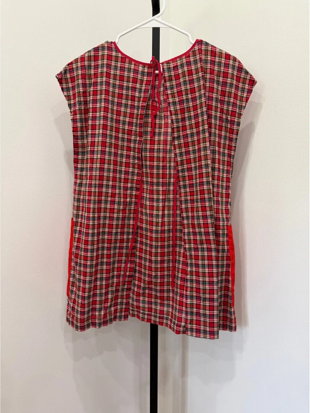 Vintage Red Plaid Apron with Red Accent and Embroidered Fish Pocket